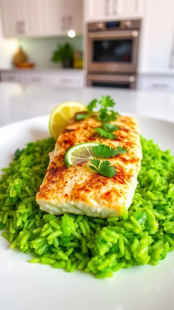 Pan-seared sea bass on cilantro lime rice, garnished with lime wedges and cilantro on a white plate.